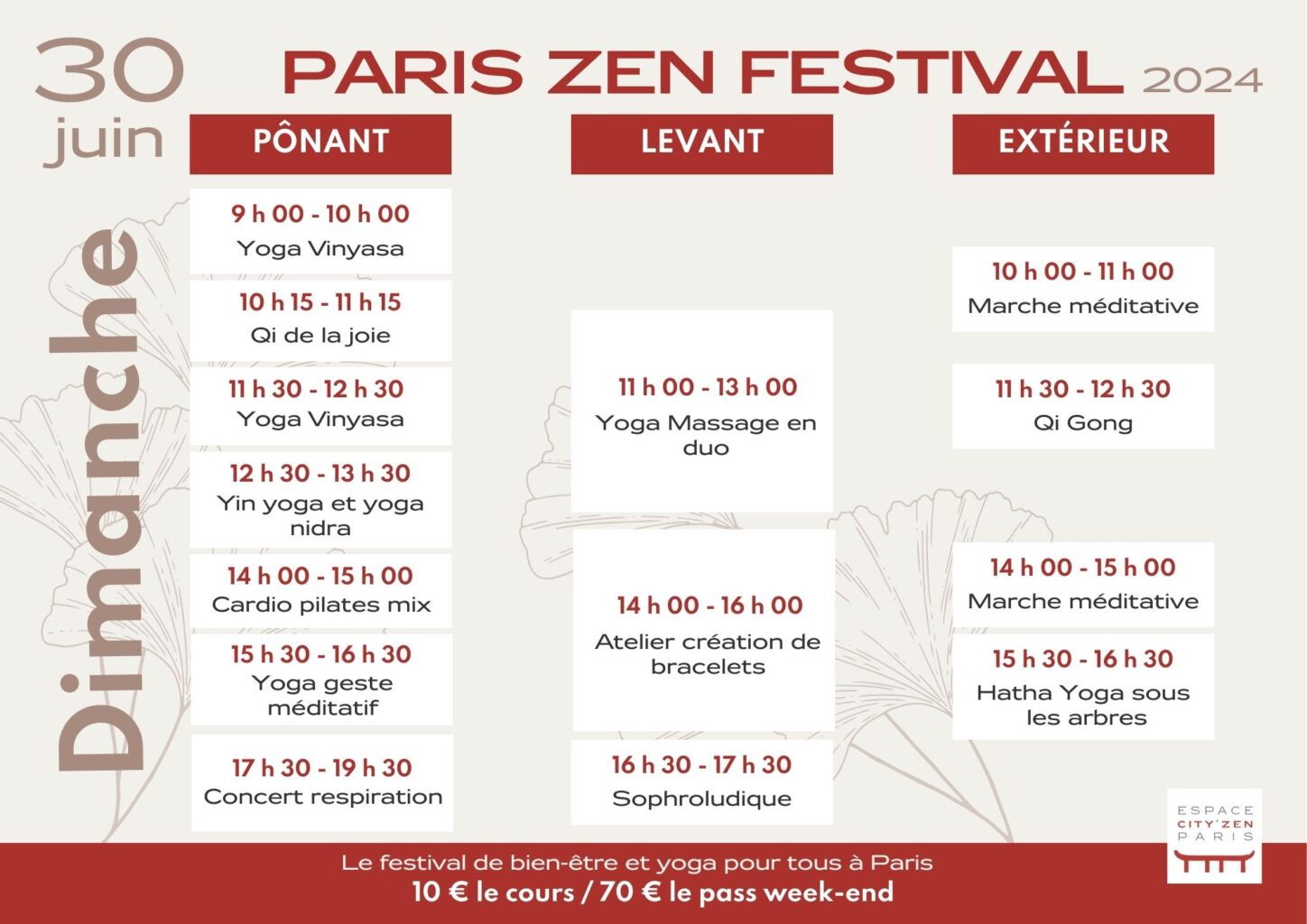 Programme Paris Zen Festival 2024 Espace City'zen Paris Parc Floral de Paris