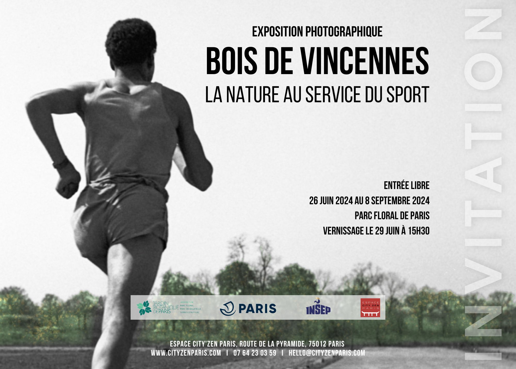 Invitation au vernissage exposition photographique, sport au bois de Vincennes INSEP