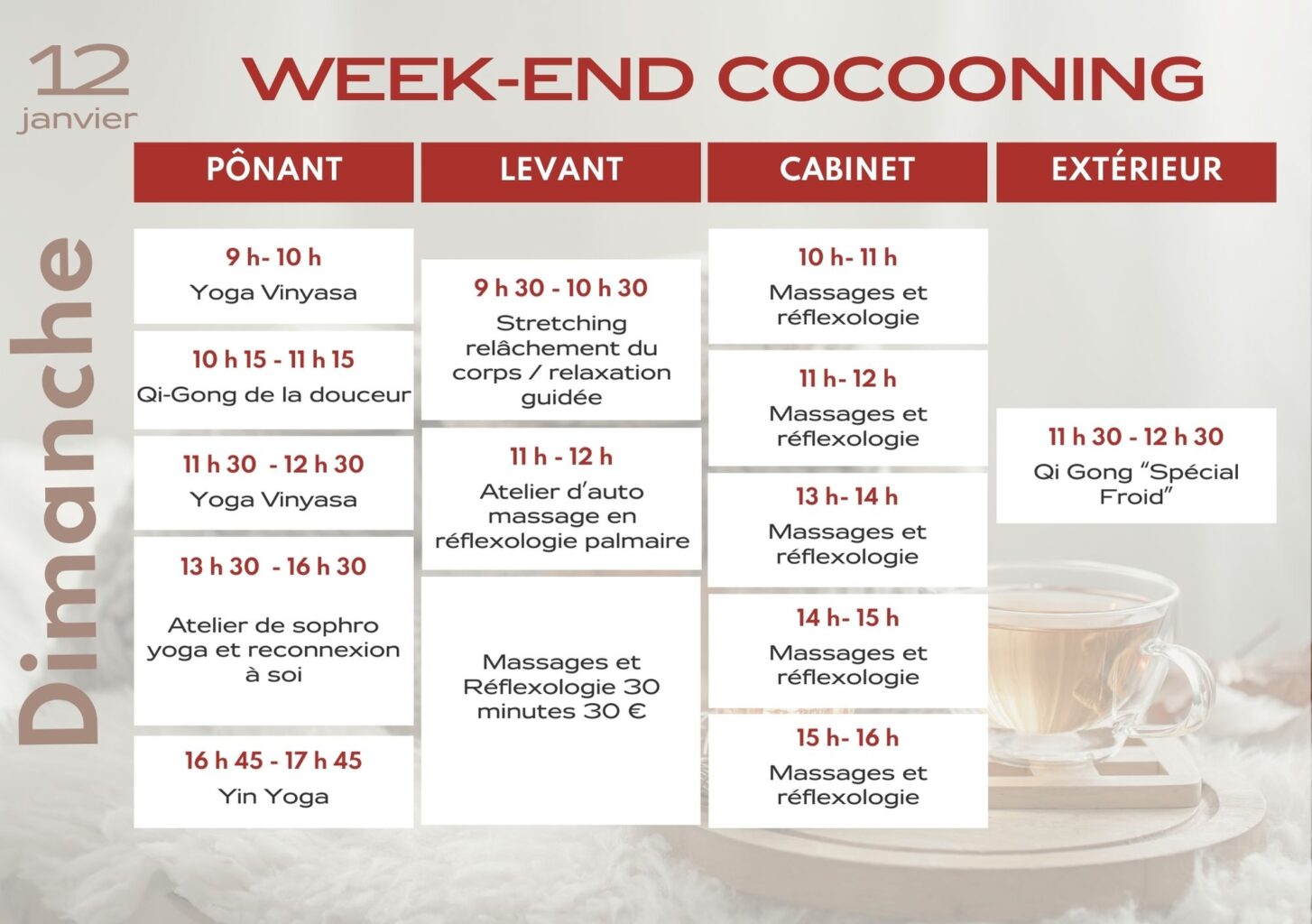 programme week-end cocooning zen 12 janvier 2025